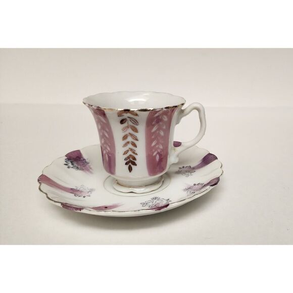 Vintage Early 19th Century White, Purple Gold Trim Teacups and Saucers - Picture 1 of 4